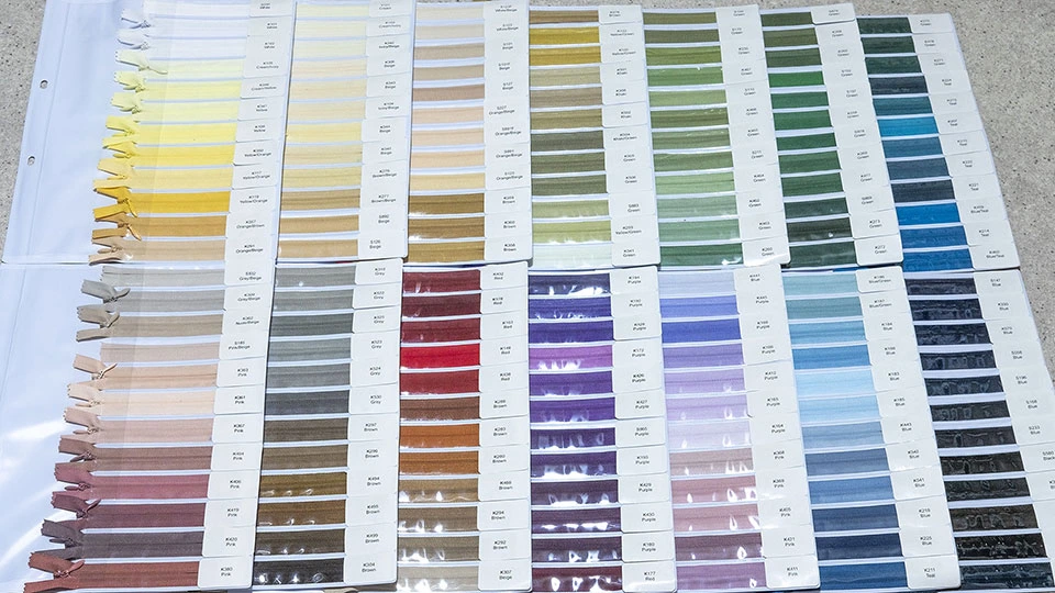 Y-connection invisible zip colour swatches showing woven-tape and flexi-tape zip colours